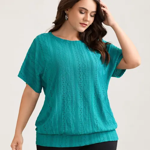 BLOOMCHIC Plus Size Women's Summer Tops [M-6X] - Stretchy Textured Short Sleeve Blouse with Eyelet Trim, Batwing Sleeve Casual Shirt, Flattering Everyday Outfit,2026 Summerfinds Womenswear,back to school,back to school shopping