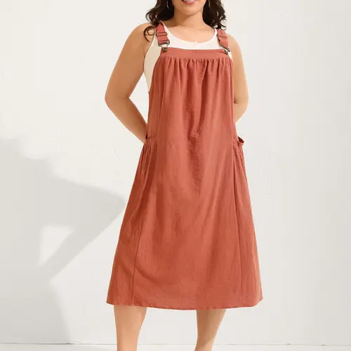 BLOOMCHIC Women's Plus Size Cotton Pinafore Overall Dress - Sleeveless, Basic Fabric, Sleeveless Cotton Midi Overall Dress, Flowy Relaxed Fit Boho Casual Summer Outfit,M-6X Spotlight,Summer wins,Deals for you days,vacationoutfits,beachoutfits,Summerfinds