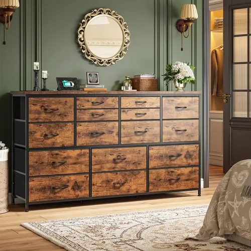 RaybeeFurniture Long Dresser for Bedroom with 16 Fabric Drawers, Modern Dresser with Charging Station, TV Stand for 60" TV Dressers & Chest of Drawers for Bedroom, Living Room, Closet