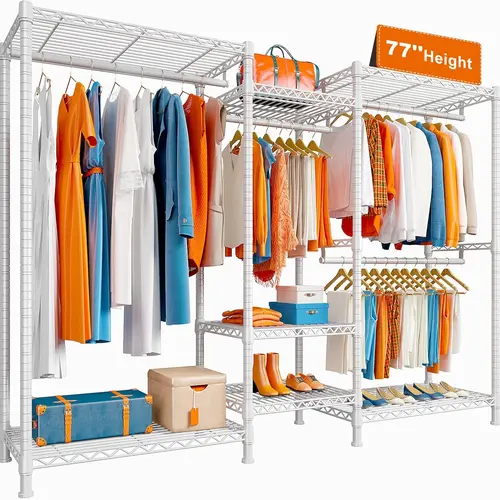Raybee 77" Height Heavy Duty Clothes Rack Holds 750 LBS, Portable Closet Wardrobe Rack with Shelves & Hanging Rods, Height Adjustable Metal Wire Garment Rack, 77" H x 70.5" W x 13.8" D, Black,White, Pink
