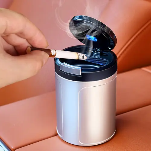 Detachable Stainless Steel Car Ashtray with Lid, LED Blue Light, Smell-Proof Design for Car Cup Holders, Office, Home (Orange/Gunmetal/Black), Cars
