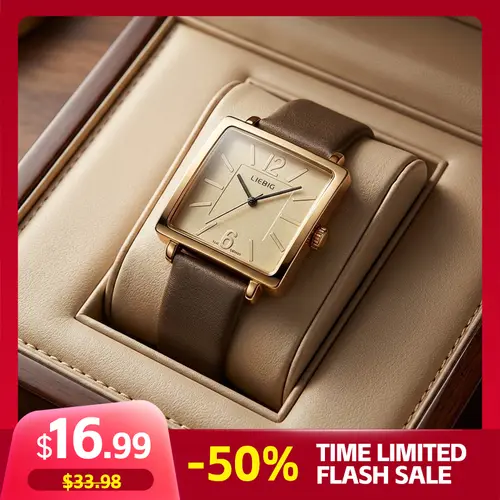 LIEBIG Women's Fashion Watch - Vintage Square Leather Wristwatch with Gold-Tone Case, Elegant Quartz Movement, 3ATM Water Resistance, Scratch-Resist Glass, Casual Fashion Wristwatch, Clasp Closure