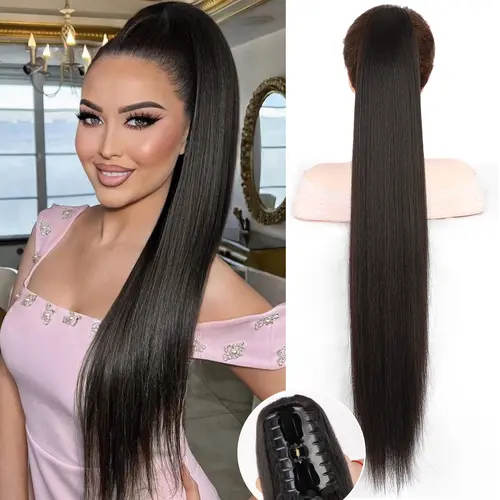 Women's 30in Claw Clip-In Ponytail Hair Extensions - Long Straight, Natural Soft Synthetic Silk, Tangle-Free, Instant Long Pony, Natural Black for Daily & Party Use