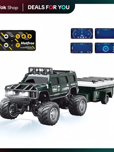 Hotfree New 1/64 Mini RC Monster Truck, Metal Off-Road Vehicle with Trailer, 2.4GHz Remote Control All-Terrain Car, 3-Speed Adjustable, USB-C Rechargeable, Desktop Play, Indoor Outdoor Racing Toy, Fun Valentine Birthday Christmas Gift for Kids Boys
