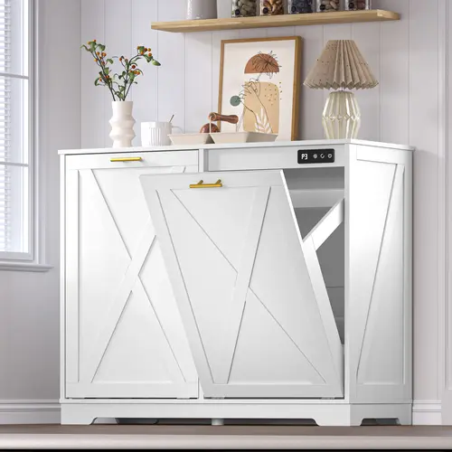 Tilt Out Trash  Cabinet for 2 Bins, Hidden Recycle Garbage Bin Enclosure, Wooden Double Laundry Cabinet with Odor Control, Negative Ion & Ozone, for Kitchen, Bathroom, Laundry Room fathers day gift ideas