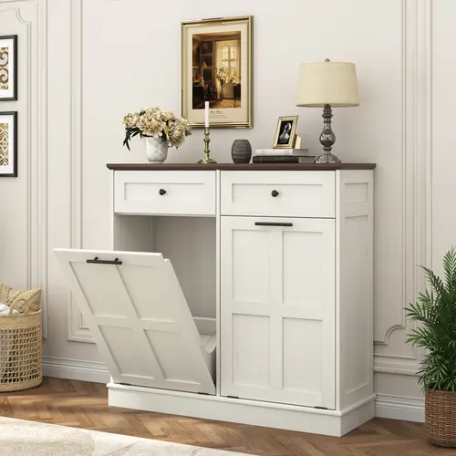 Trash Can Cabinet, 10 Gallons / 20 Gallons Farmhouse Hidden Wood Garbage Can Bin Cabinet with Drawers, Tilt Out Laundry Hamper with Laundry Storage Basket for Bathroom, Kitchen, Brown/Antique White/Dark Grey