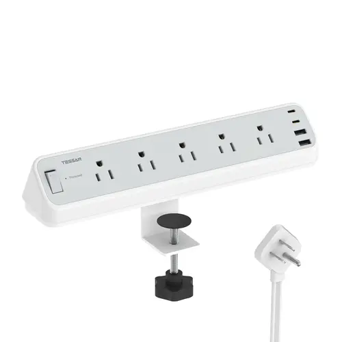 TESSAN 1250W Desk Clamp Power Strip 10 Ft, 2100J Surge Protector, 5 Outlets with 2 USB C 2 USB A, Flat Plug Extension Cord with Multiple Outlets Usb C Charging Usb Type C