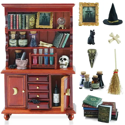BEIREG Handcrafted 1/12 Scale Fit Wood Bookshelf Dollhouse Playset, Unisex 6+ Years Toy with 1 Skull, Spider Scene Detail, Magic Bottle Potion, Halloween Decorations, Kids’ Gift