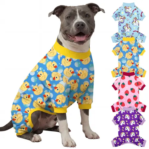 XPUDAC Pet Christmas Clothing Outfits, Duckie & Strawberry 4-Piece Cartoon Print Cozy Wear for Small-Medium-Large Dogs & Cats - Festive Halloween Machine Washable Gift with Measure Back Length Tip