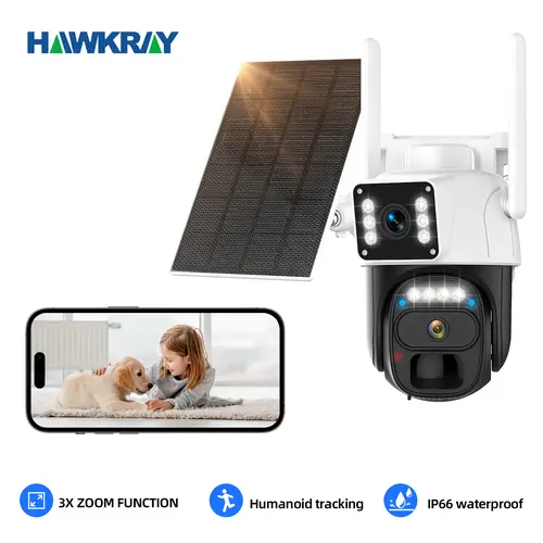 Hawkray Solar Powered Security Camera, 2K Wireless 360°PTZ Dual-Lens 3MP IP66 Waterproof, Color Night Vision, 2-Way Talk, PIR Human Detection, Auto Tracking, Spotlight Siren Alarm, WiFi Cloud Storage, Dual-Screen Indoor/Outdoor Camera Security Monitoring,