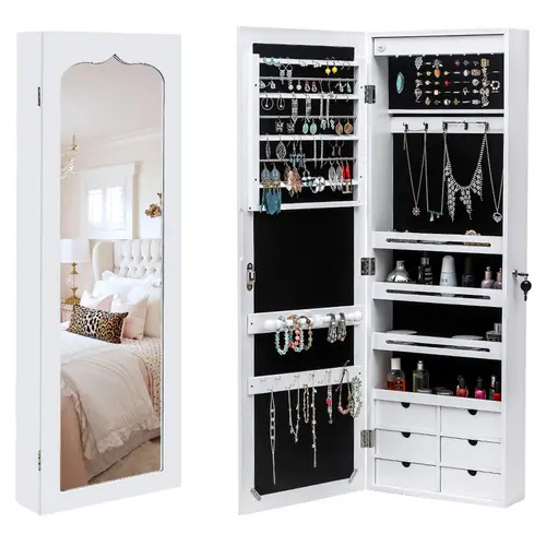 【Summervibes】FCH Wall Hanging Jewelry Mirror Cabinet with 8 LED Lights - 4 Layer Shelves and 6 Drawers