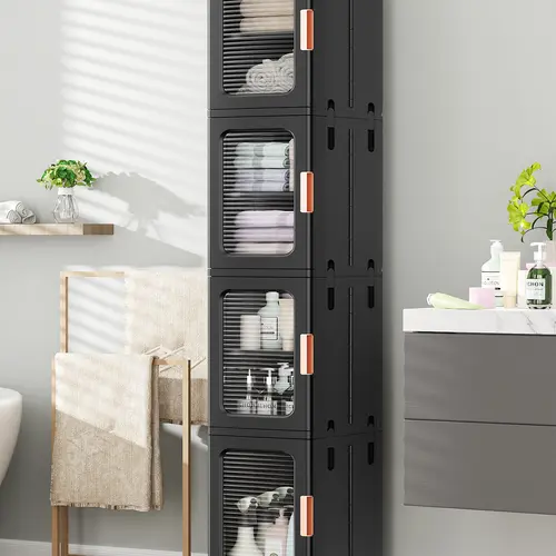 Broview Tall Narrow Sturdy Storage Cabinet Organizer - Slim Plastic Unit with Adjustable Shelves, Transparent Doors, Wheels, High-Capacity for Small Spaces, Bathroom, Workshop