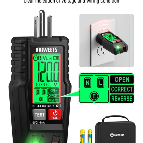 KAIWEETS Smart Electrical Outlet Tester with LCD Display, GFCI Circuit Tester with 6 Visual Indication, 3 Prong 120V AC Voltage Socket Checker, 7-Way Wiring Fault Detector, Auto Data Hold & Low Battery Alert, Essential for Homeowners