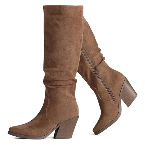 Women's Pointed Toe Chunky Heel Knee-High Faux Suede Statement Shoes with Side Zipper