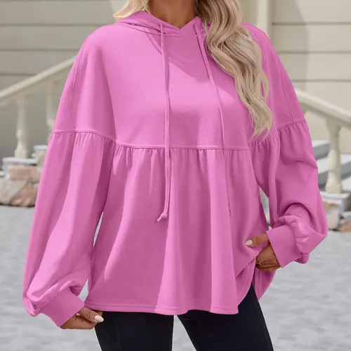 Fisoew Women's Baggy Pullover Hoodie - Long Sleeves, Drawstring, Peplum Hem, Casual Lantern Sleeves, No Fuss, Women's Tops, Piece Bistro Style, Ditch Masked Design, Fall Chic Pick