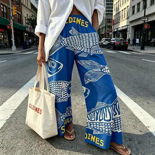 New launching 30% linen and 70% rayon. Sardine Pants ,Ukiyoe Style ,Sardine wide leg Print Pants, Elastic Waistband, Comfortable Holiday Wear