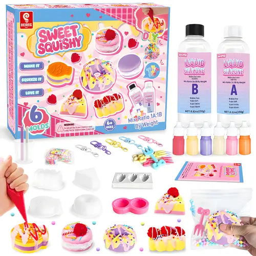 BEIREG Taba Squishy Making Kit - DIY Unicorn & Sweet Theme with 6 Bakery Molds & 18OZ AB Silicone for Kids, Safe Non-Toxic Materials, Stress Relief, Craft Gift for Girls, Party Favors, Easter Toys
