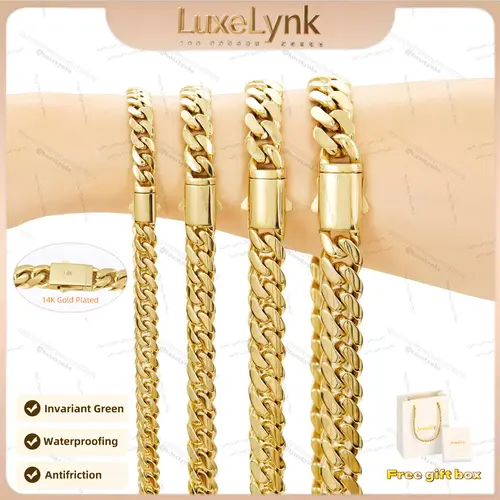 14K gold-plated Cuban necklace or bracelet | The latest electroplating gold-plating process for rust prevention| Miami hip-hop style fashion items| The best gift for men and women| Couples' style| 6mm/8mm/10mm/12mm/14mm