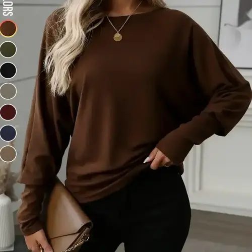【Back to School Outfits】Women's Batwing Sleeve Solid Color T-Shirt, Elastic Long Sleeve Top, Casual Fashion Warm Basic Base Layer, Perfect for Daily Wear & Parties