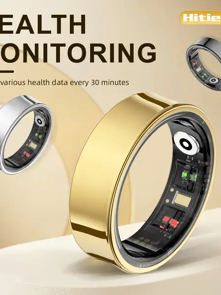 Hitienx Smart Ring Health Monitor with Heart Rate Calories Sleep Cycle Stress Mood Tracking IP65 Waterproof Gold Finish Perfect Gift for Men Women
