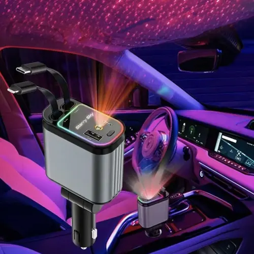 4-in-1 Car Roof Super Fast Retractable Car Charger with Anti-Tangle Retractable Cables, Dual Charge Port，Starlight In Roof Fast Charging Adapter -Automotive  car charger  led light Vehicle,back to school,back to school haul