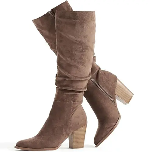 Women's Pointed Toe Knee High Boots Faux Suede Slouch Boots with Chunky Heel,back to school,back to school haul