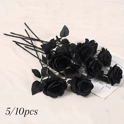 5pcs/10pcs Artificial Black Roses | Plastic Fake Flowers, Long Stem, for Halloween, Home Decor, Wedding Party, Gothic Goth Decor, Artificial Rose Bouquet, Artificial Flower Decorations
