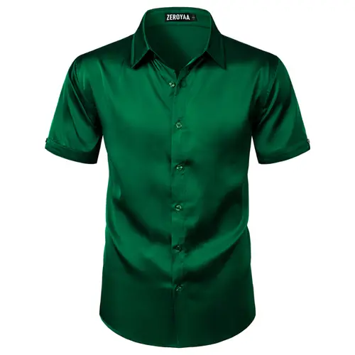 ZEROYAA Men's Hipster Shiny Silk Satin Shirt Regular Fit Short Sleeve Casual Button Down Dress Shirts for Summer Party,back to school,back to school shopping