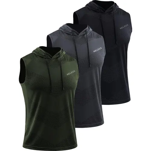 NELEUS Men's 3-Pack Dry Fit Polyester Workout Tank Tops - Sleeveless Hooded Sports Vests, Quick Wicking Boxing Gym Outfit, Mensfashion Design with Accentuated Shoulders