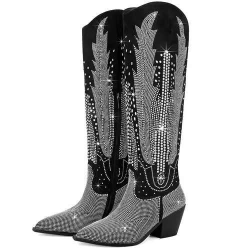 RONILURN Knee High Cowboy Boots for Women Cowgirl Western Boots Rhinestone Bling Pointed Toe Chunky Heel Pull On Fashion Shoes Tall Black Boot dream boots,shoes for back to school,back to school shoes