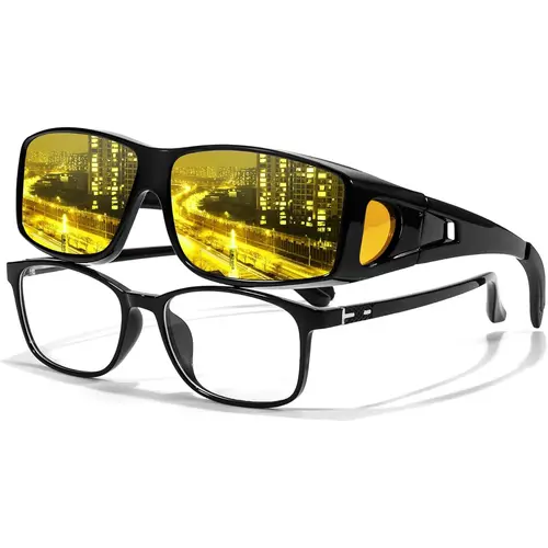 【Friend’s Pick】LVIOE Rectangle Frame Night-Vision Glasses - Polarized Yellow Lens, Fit Over Prescription Glasses, UV Protection Sunglasses for Night-Driving, Rectangle Frame Glasses