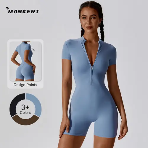 MASKERT Women's Short-Sleeved Quick-Drying High-Stretch Minimalistic Sporty Jumpsuit, Stretchable Activewear for Yoga & Workout