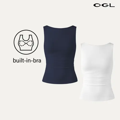 OGL 2Pcs Set Elastic Open Back Brami Tank Tops for Women Sleeveless Basic Minimalist Fashion Top with Built-in-Bra for Everyday Wear Casual Check Twist White/Dusk Blue summerwins