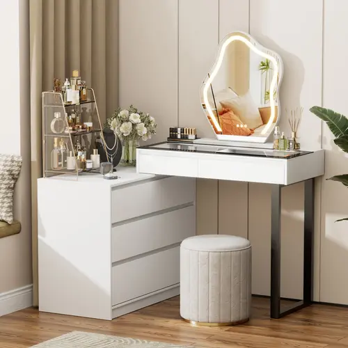 MIIFUNY Corner Makeup Vanity Desk with Mirror and Lights, 58" Modern L-Shaped Vanity Table with Glass Top, Large Dressing Table with 2 Drawers & 3 Tier Dresser for Bedroom, White