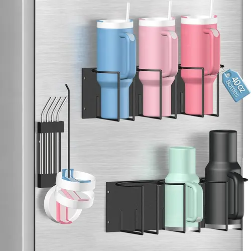 Father's Day Gift Magnetic Stanley Cup Holder for Fridge - Water Bottle Organizer for Stanley 40 oz Tumblers with Tumbler Lid Organizer & Straw Holder, Magnetic Tumbler Organizers for Stanleys Cup Accessories, Black