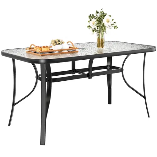Arlopu Patio Outdoor Table W/ 1.69″  Umbrella Hole, 30"X 55" Rectangular Tempered Glass Patio Dining Table For 6,  Outdoor Metal Furniture, All-Weather Use, for Patio, Graden, Backyard, Poolside homeessentials
