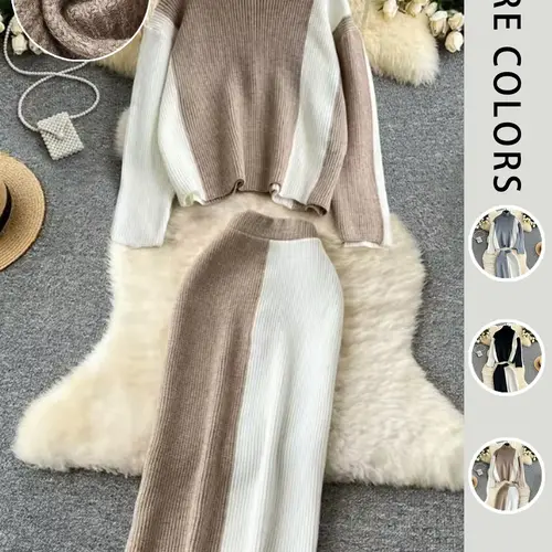 Women's Colorblock Sweater Set, Elegant Aesthetic Mock Neck Knit Top & Elastic Waist Skirt, Casual Fitted Two-Piece for Fall Winter