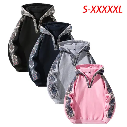 Men's Stylish Retro Ethnic Print Quarter-Zip Hoodie - Longsleeves Color Block Knit Clothing, Fitted Casual Streetwear Clothing, Fashion Apparel Easy-Wear Everyday Outerwear, Thanksgiving