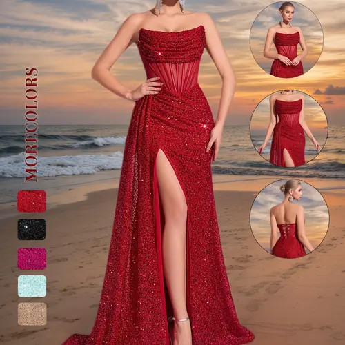 Elegant Women's Slim Fit Sequined Evening Maxi Gown, Strapless Sleeveless A-Line Dress, Sparkling Formal Wear for Parties & Weddings