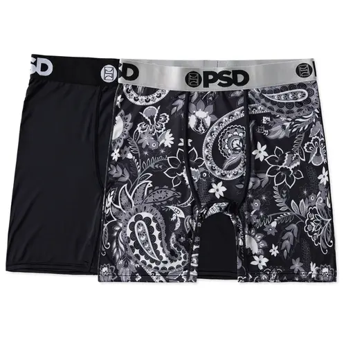 PSD Mens Night Paisley Boxer Brief 2 Pack - Standard Length 7 Inch Inseam, Soft and Breathable Cotton Blend Fabric