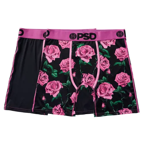 PSD Mens Pink Roses Boxer Brief 2 Pack - Standard Length 7 Inch Inseam, Soft and Breathable Cotton Blend Fabric