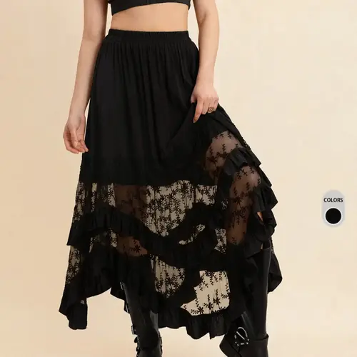 Rusttydustty Women's Black Lace Patchwork Woven Ruffled Loose Flowy Midi Skirt, Vintage Bohemian Style Asymmetric Hem boho easter beach hawaii Coachella Festival Tropical Summer Boho Casual Skirts