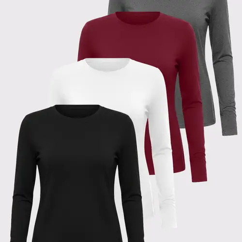 TELALEO Women's 4 value pack Long Sleeve Basic Shirts Crew Neck Slim Fitted Compression Gym Workout Athletic Undershirts in Black White Gray & Red,travel essentials,camping essentials