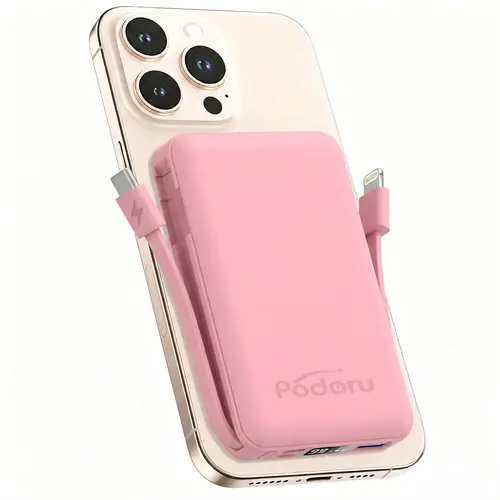 Podoru Ultra-Compact Magnetic MagSafe-Style Power Bank (5000-10000mAh) - 22.5W USB Output, 15W Wireless Fast Charging, Built-in USB-C & Lightning Cables, LED Display, Silicone Case, EDC Gear, Everyday Carry, Charge 3 at Once, for iPhone 17-12