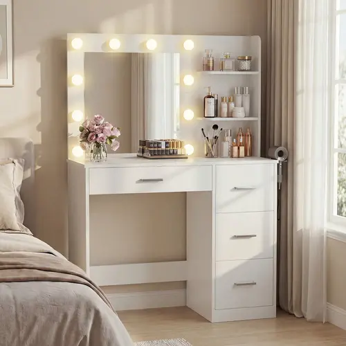 Furmax Modern Makeup Vanity Desk with LED Lights & Mirror, Affordable Vanity Table with 4 Drawers & 3 Open Shelves, White Makeup Desk for Bedroom, Dorm, Gift for Girlfriend, Daughter, Granddaughter, Sister Vanity Desk Furniture Modern Vanity Table