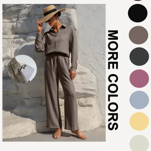 Lm131 Tie Front WideLeg Pants With Pockets & Women's Solid Button Front Shirt Two-piece Set,Casual Modest Outfit, Casual Fashion Set