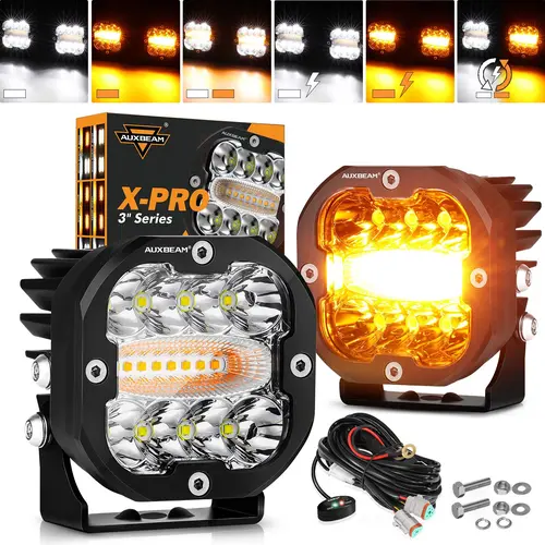 AUXBEAM XP-Ultra 3-Inch 6-Mode 96W Dual-Color LED Pods (2pcs) - White Amber Spot Flood Combo, IP68 Waterproof, Memory Function, Dual Button & 1-Click White Reset, Full Wiring Harness, Led Car Lights, Truck Accessories for Offroad Vehicles Led Backlights t