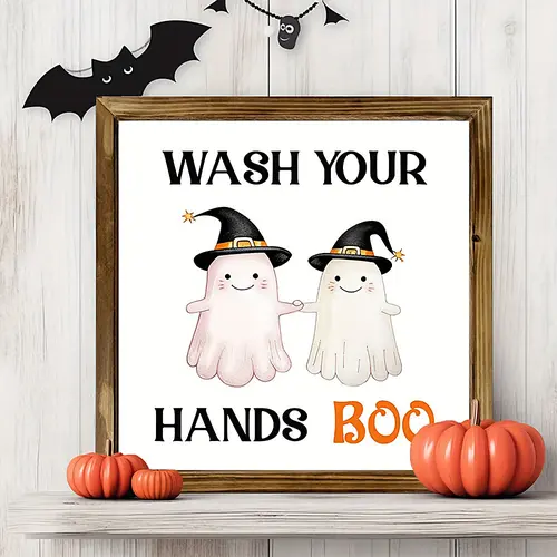Halloween Bathroom Door Decor, Cute Witch Hat & Ghost Design, Rustic Wooden Plaque with Metal Hooks, Easy to Hang, Indoor Outdoor Use, No Batteries Needed
