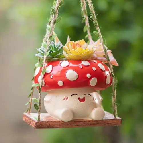 Whimsical Smiley Face Mushroom Hanging Flower Pot - 3.9in Opening, Drainage Holes, Cute Plant Pot, Aesthetic Mini Hanging Planter, Cottagecore Garden Decor, Gift for Plant Lovers, Cute Plant Pots, Hanging Flower Pots