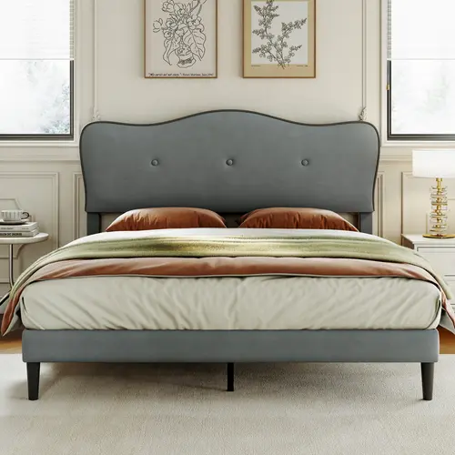 TryLazy Queen Size Bed Frame with Comfortable and Adjustable Cloud Headboard, Princess Pink Velvet Upholstered Bed, Modern Style, Soft Rounded Corners, No Box Spring Needed, Noise Free, Easy Assembly